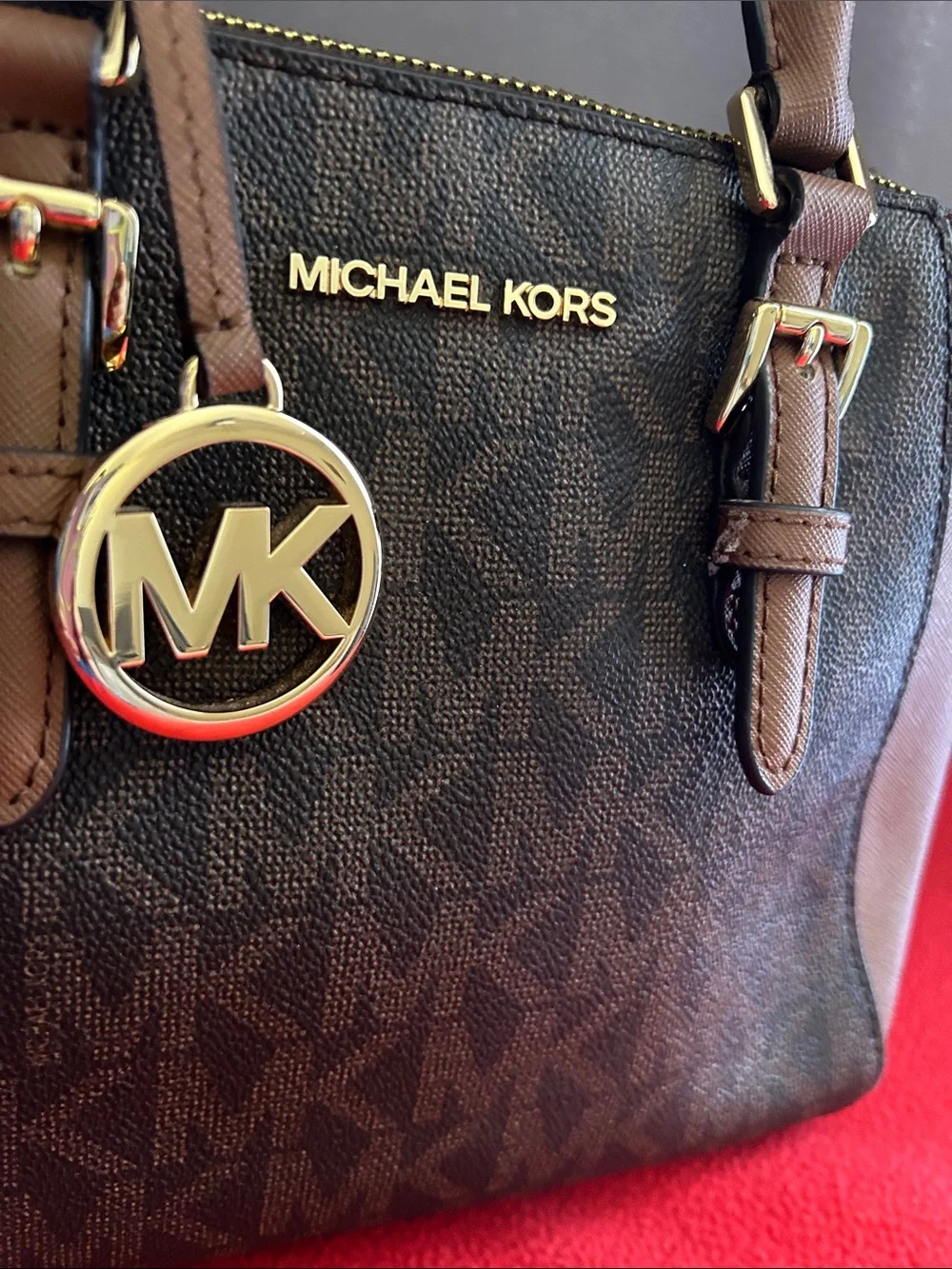 Michael Kors Ciara Brown and black Signature Logo Satchel with Gold Hardware